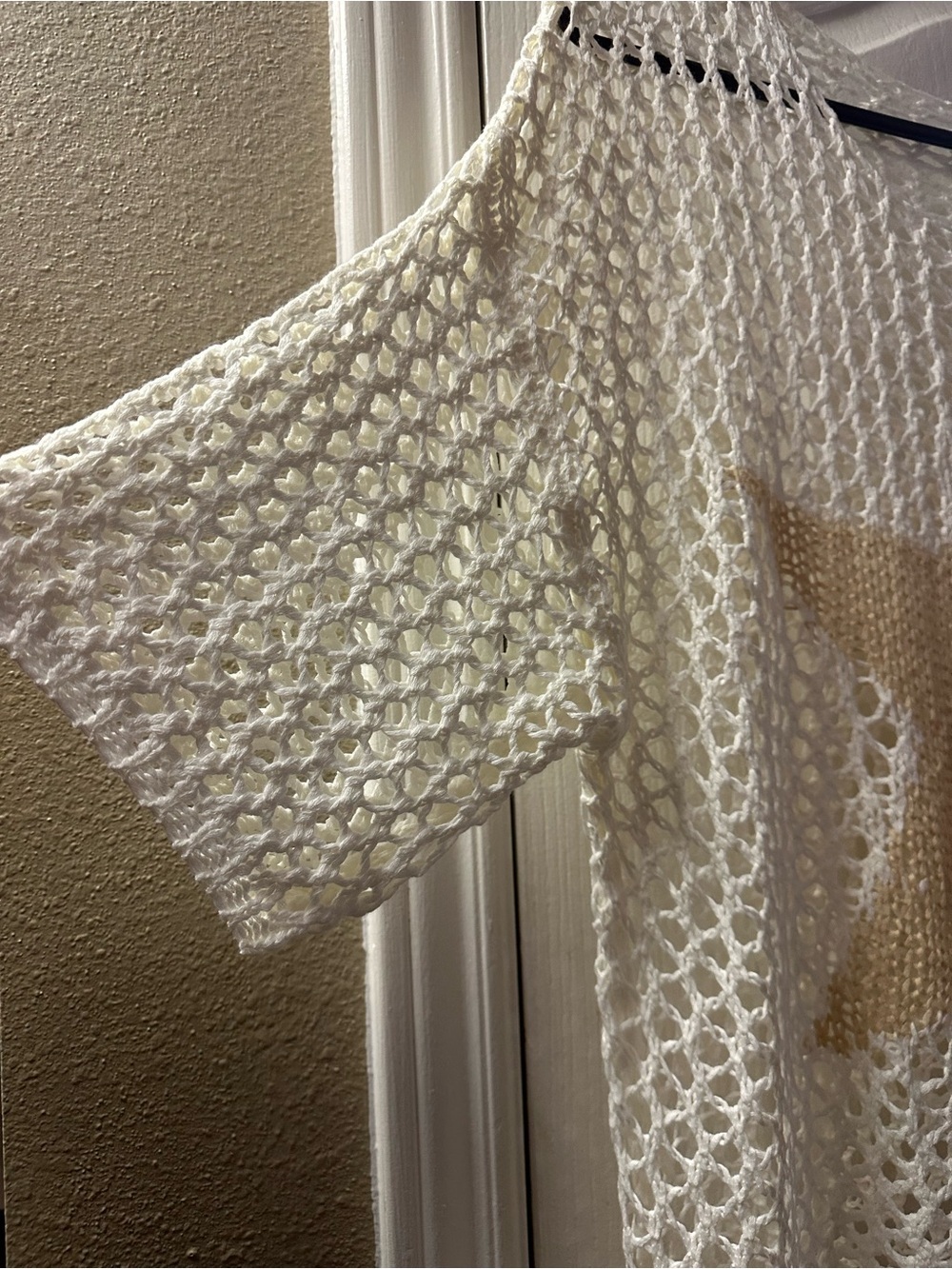 Cream with Gold Tan Star Crochet Open Knit Beach Cover Up Top Size M - Picture 6 of 7